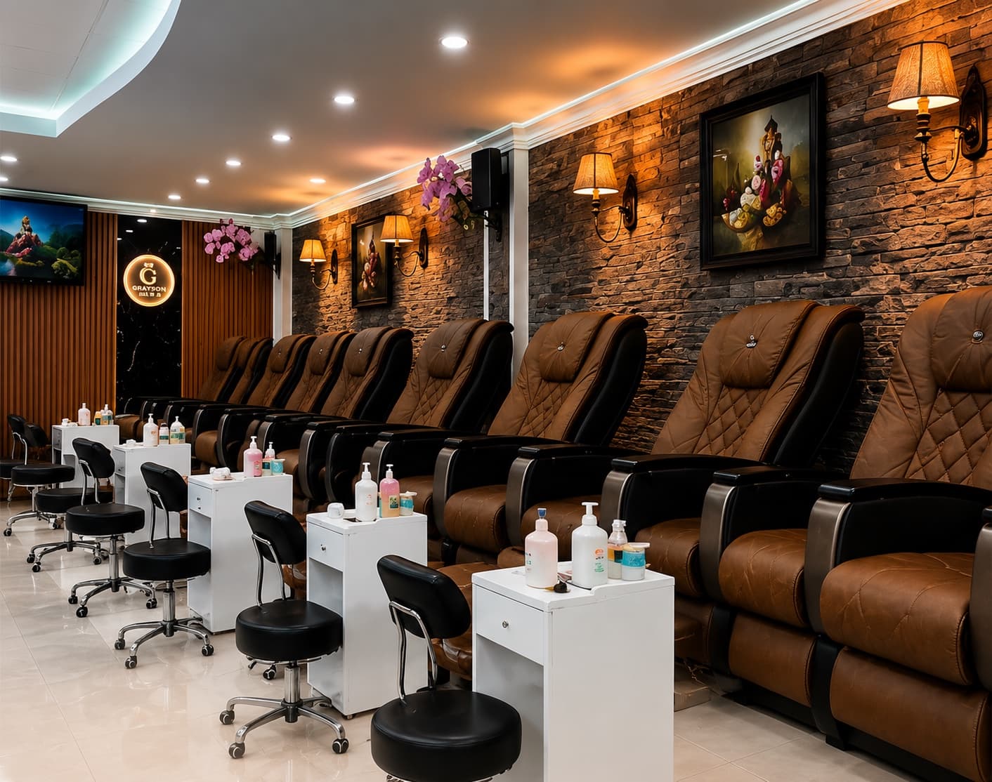 The pedicure room: a row of brown leather spa chairs along a stone wall, lit by shaded sconces, with the salon’s lit monogram at the far end